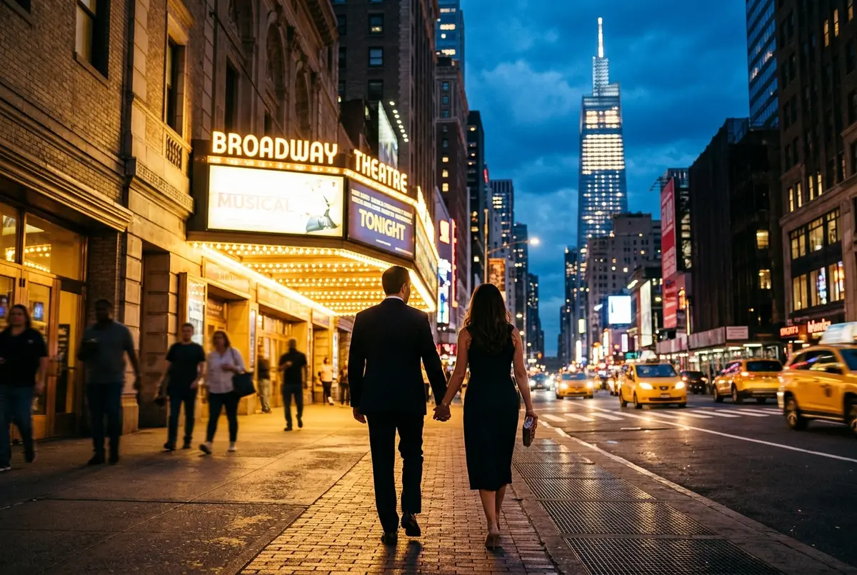 broadway show and observation deck scene: couple in evening clothes walking toward a glowing Broadway theatre marquee at dusk with the One Vanderbilt tower lit in the distance