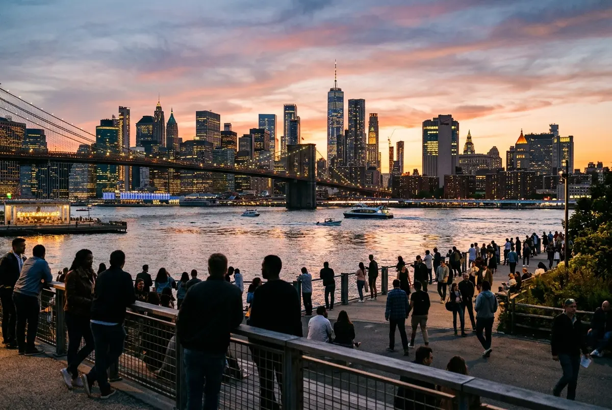 free observation deck nyc alternative: people on a Brooklyn waterfront promenade at sunset looking across the East River at the lit Manhattan skyline