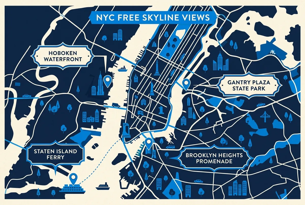 free observation deck nyc alternatives map marking the Staten Island Ferry, Brooklyn Heights Promenade, Gantry Plaza State Park and Hoboken waterfront around Manhattan with generic labels