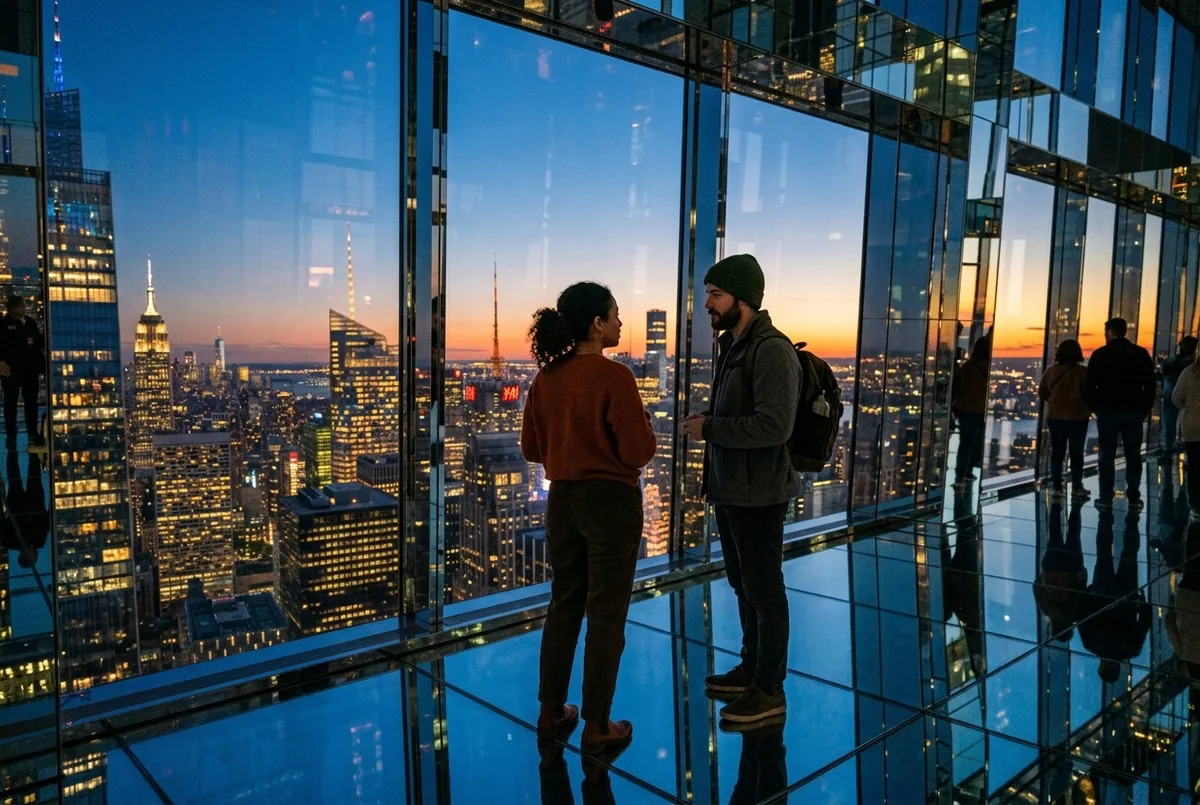 couple weighing the decision at a mirrored room of SUMMIT One Vanderbilt with the Midtown skyline reflected all around them, dusk light