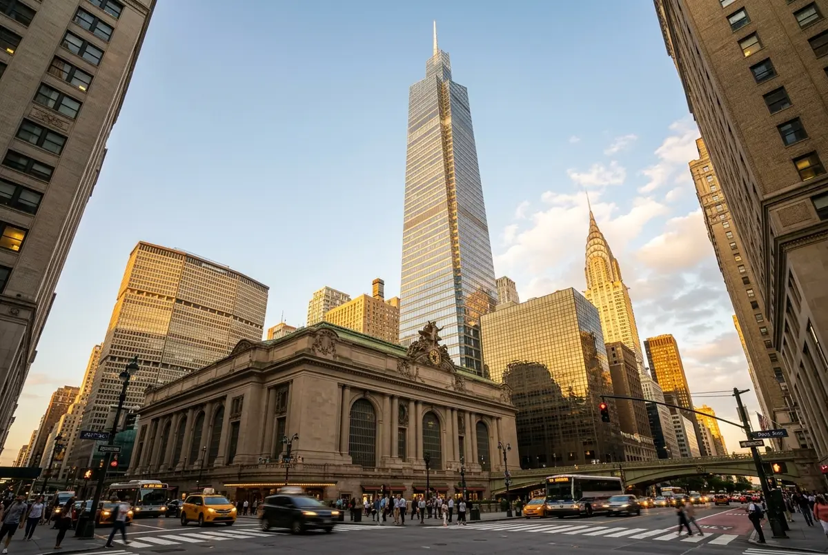 One Vanderbilt building tower rising above Grand Central Terminal and the Midtown Manhattan streets at golden hour, seen from street level looking up, crisp architectural mood