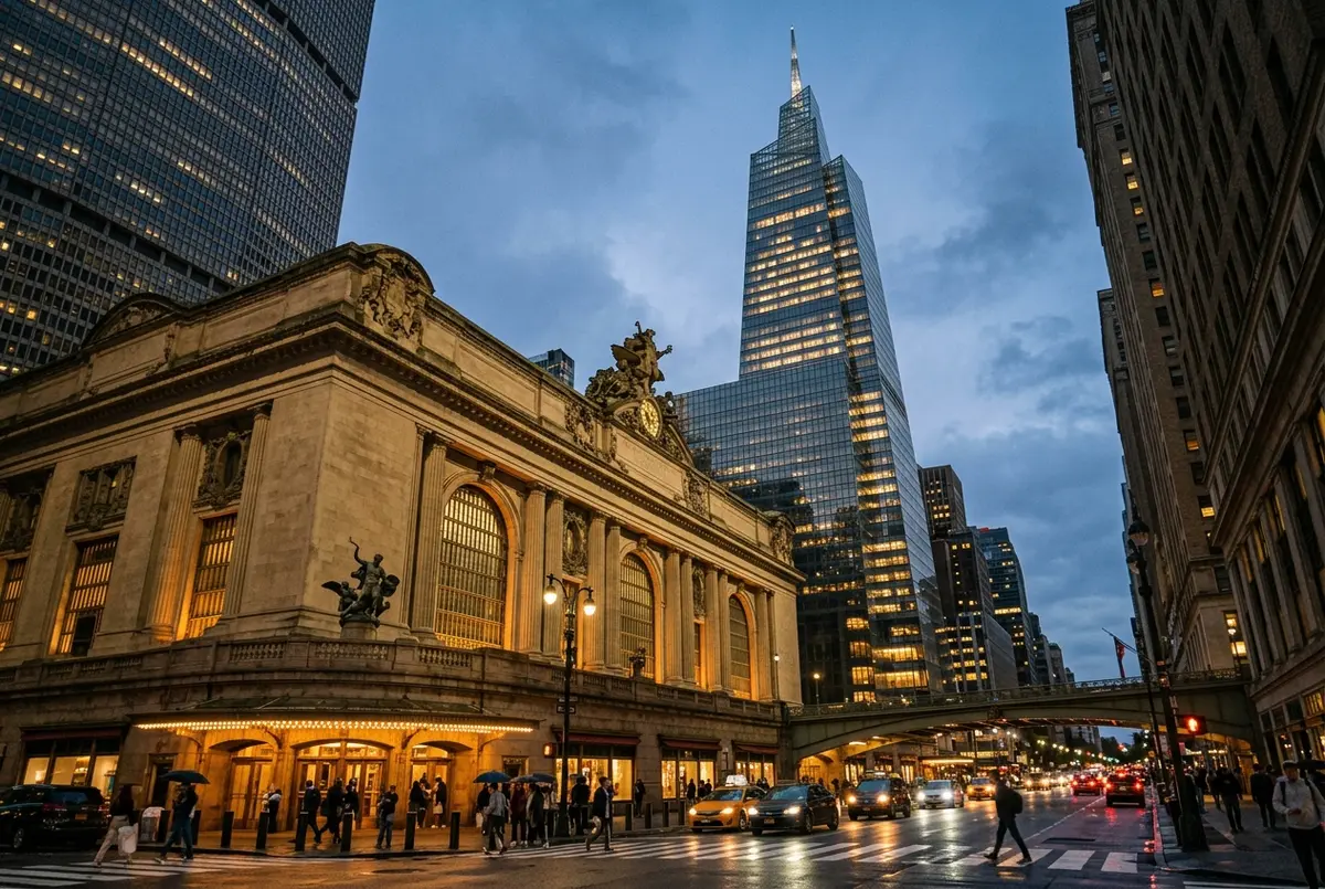 Torre One Vanderbilt de cristal y terracota elevándose sobre el edificio histórico de Grand Central Terminal al atardecer, historia de la torre One Vanderbilt