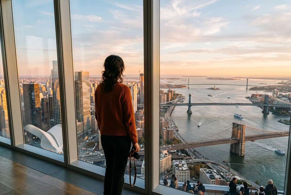 one world observatory nyc view: traveler at a floor to ceiling window on a high floor looking south over the lower Manhattan harbour and bridges at golden hour
