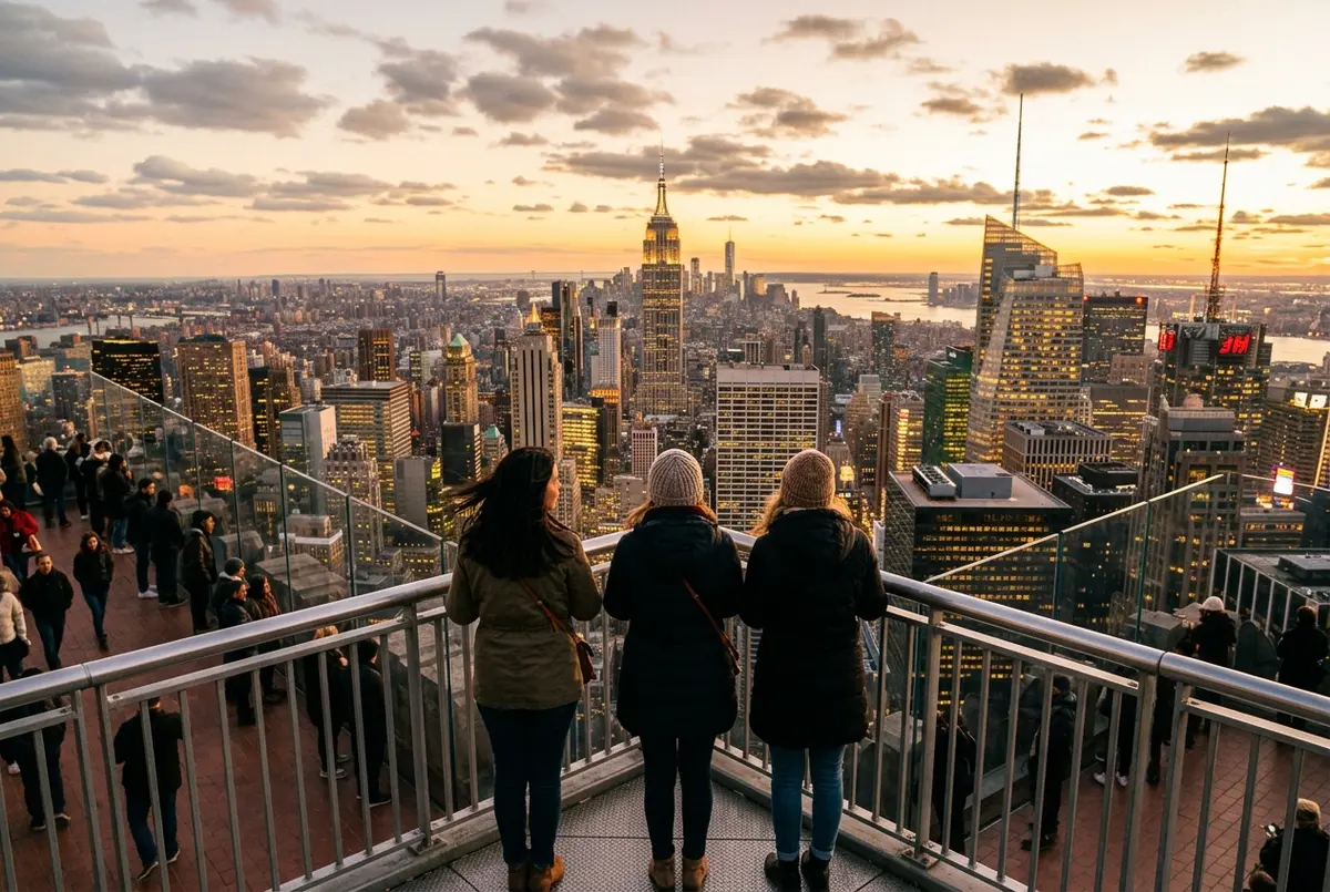 outdoor observation deck nyc scene: visitors standing at an open-air railing high above Midtown Manhattan at sunset, wind in their jackets, skyline glowing, adventurous mood