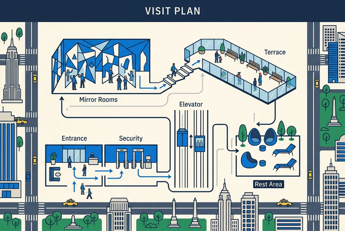 Simple access planning diagram of a SUMMIT One Vanderbilt visit with generic labels for Entrance, Security, Elevator, Mirror Rooms, Terrace and Rest Area