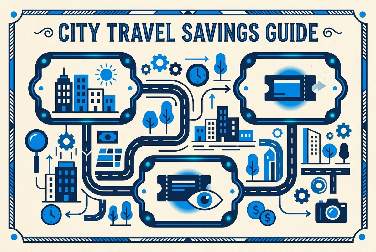Simple infographic map showing three ways to save on SUMMIT One Vanderbilt tickets with labels for Weekday Slot, Base Ticket and Combo Tour