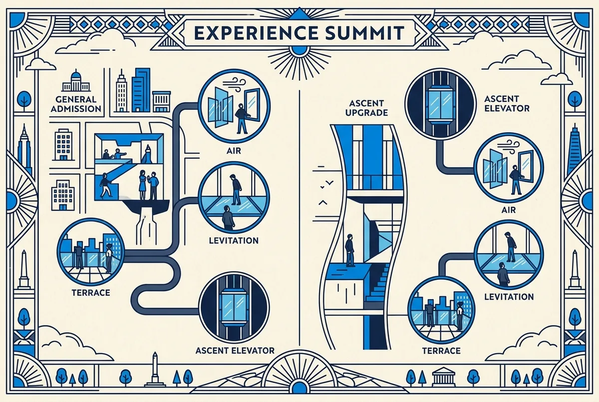 Infographic style side by side of SUMMIT One Vanderbilt general admission and Ascent upgrade with labels for AIR, Levitation, Terrace and Ascent Elevator