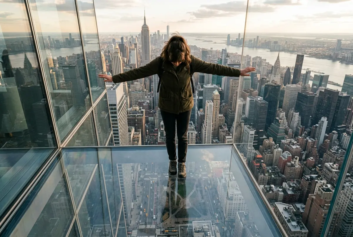 visitor with hands out balancing on a glass ledge high above a Manhattan street at SUMMIT One Vanderbilt, looking down at the city grid, dramatic and slightly vertiginous mood