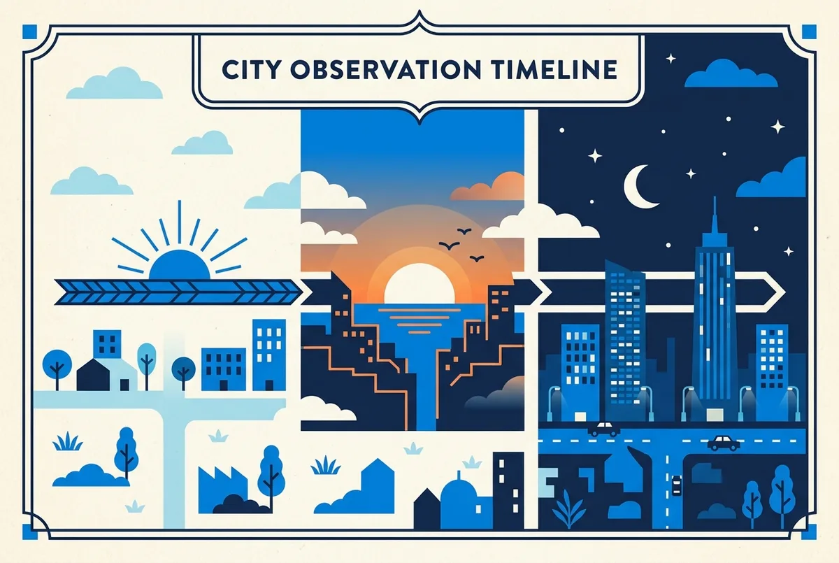 Timeline infographic of SUMMIT One Vanderbilt time slots with labels for Morning, Sunset and Night Entry