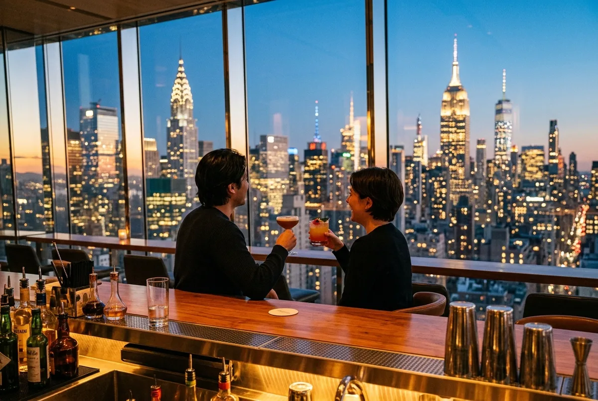 two people holding cocktails at a bar counter inside SUMMIT One Vanderbilt with the lit Manhattan skyline behind them at dusk, warm relaxed mood