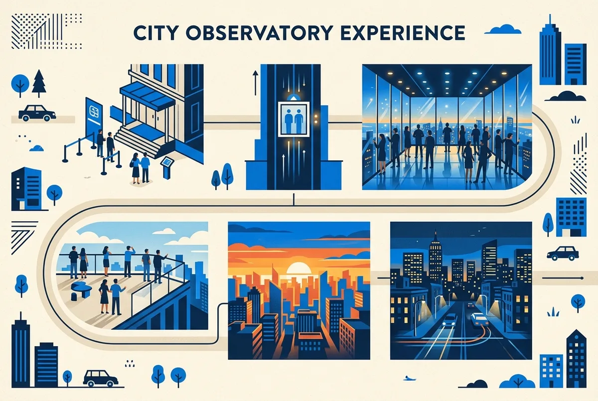 Infographic timeline of a SUMMIT One Vanderbilt sunset visit, with generic labels for Check in, Elevator, Mirrored Rooms, Terrace, Sunset and Night Lights