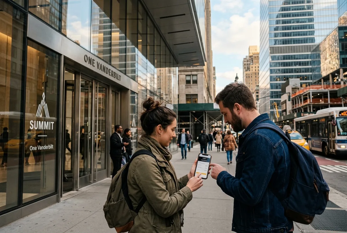 Couple comparing SUMMIT One Vanderbilt tickets price options on a phone beside the One Vanderbilt tower entrance in Midtown Manhattan