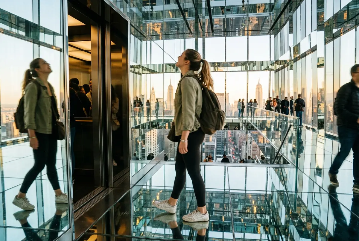 first time visitor in flat sneakers and a light jacket stepping out of the elevator into the mirrored AIR room at SUMMIT One Vanderbilt, excited and curious mood