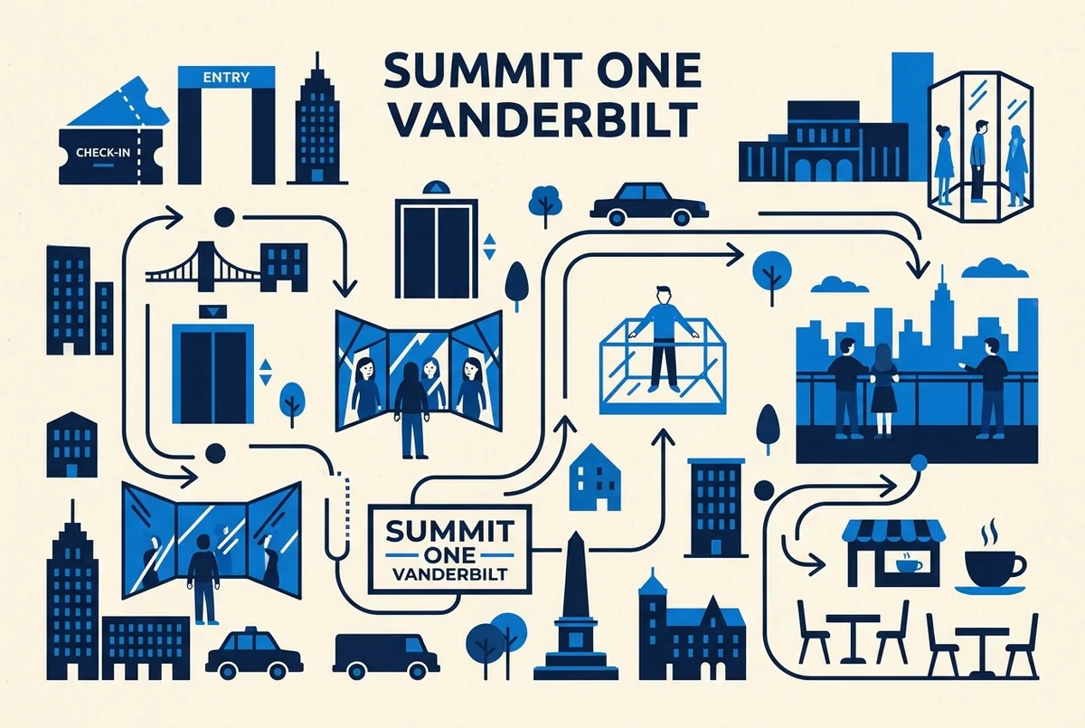 Simple checklist style diagram of a SUMMIT One Vanderbilt visit with generic labels for Check in, Elevator, AIR Mirror Rooms, Levitation, Terrace and Cafe