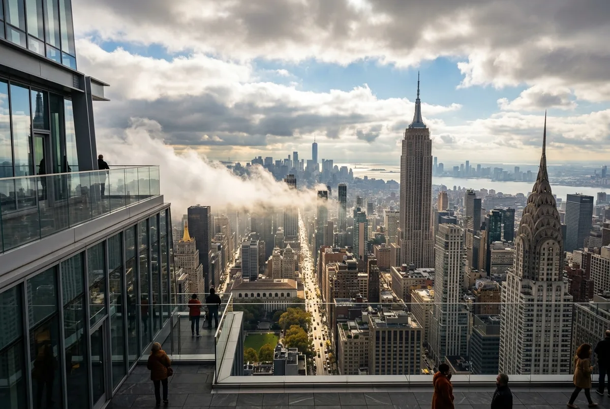 Manhattan skyline seen from the SUMMIT One Vanderbilt terrace on a partly cloudy day, low cloud drifting between towers with shafts of light on the streets below