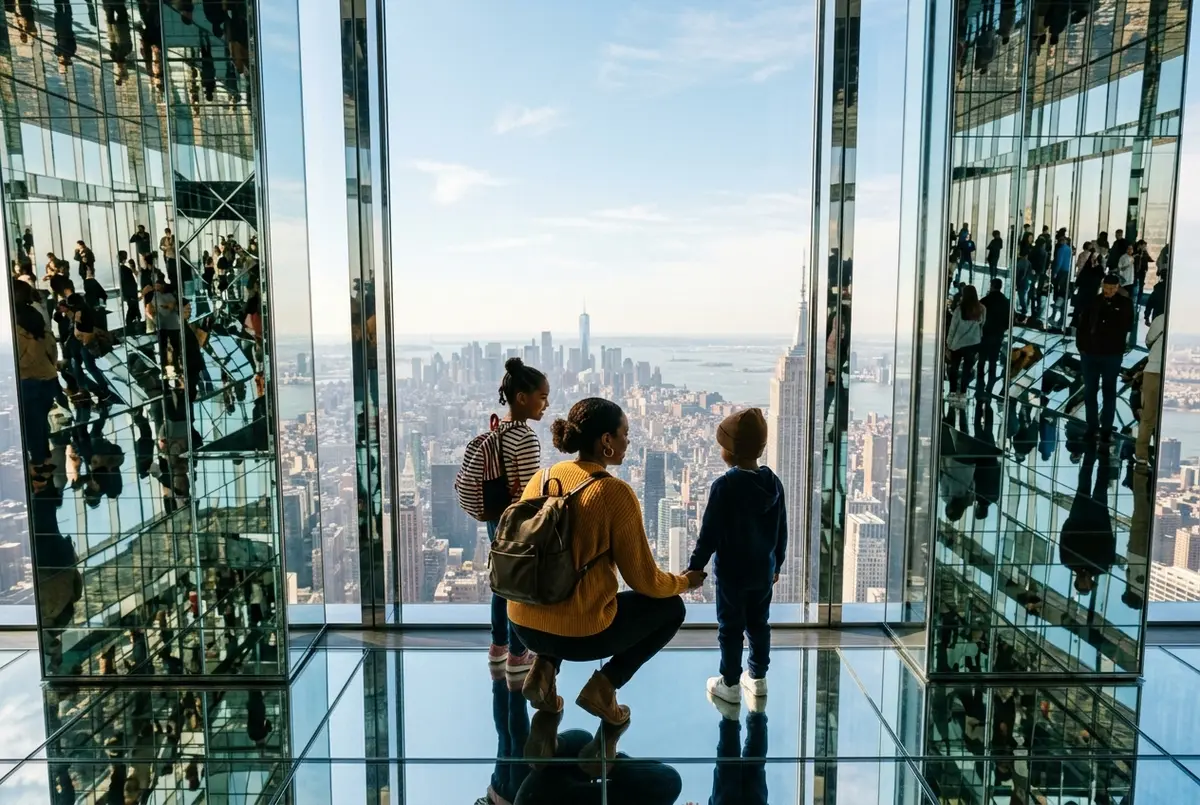parent and two children looking at their reflections in the mirrored room of SUMMIT One Vanderbilt with kids on a bright morning