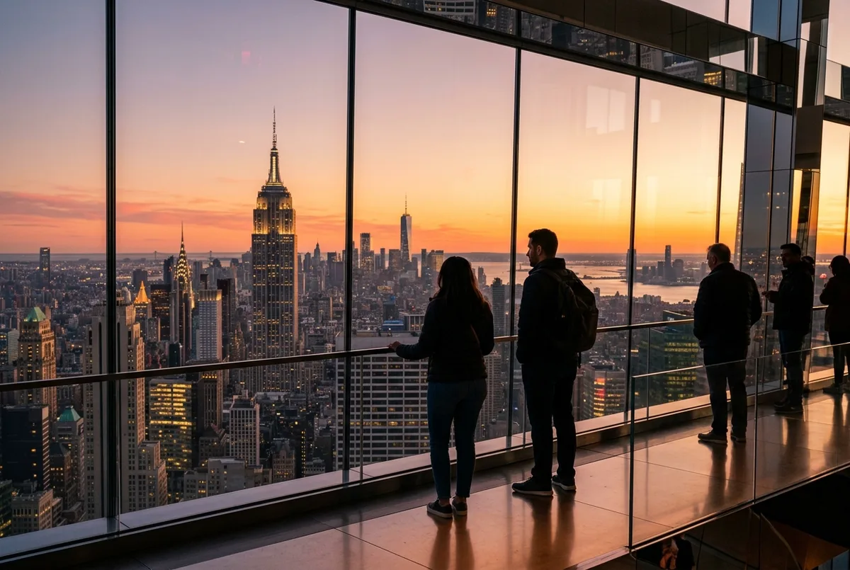 the summit nyc observation deck scene: visitors at a floor to ceiling glass window looking at the Manhattan skyline from a high floor at sunset, warm light, calm mood